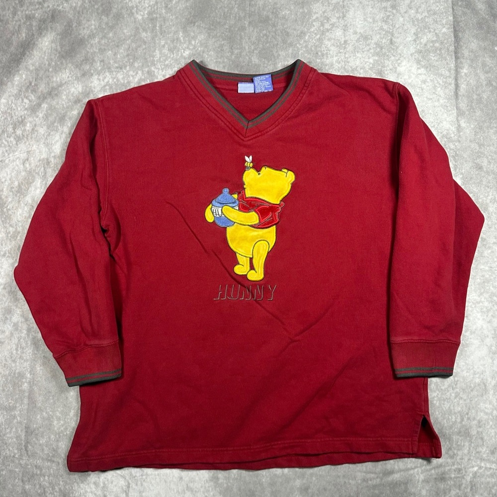 Vintage Disney Winnie the Pooh Red V-Neck Sweatshirt Embroidered Hunny Medium M